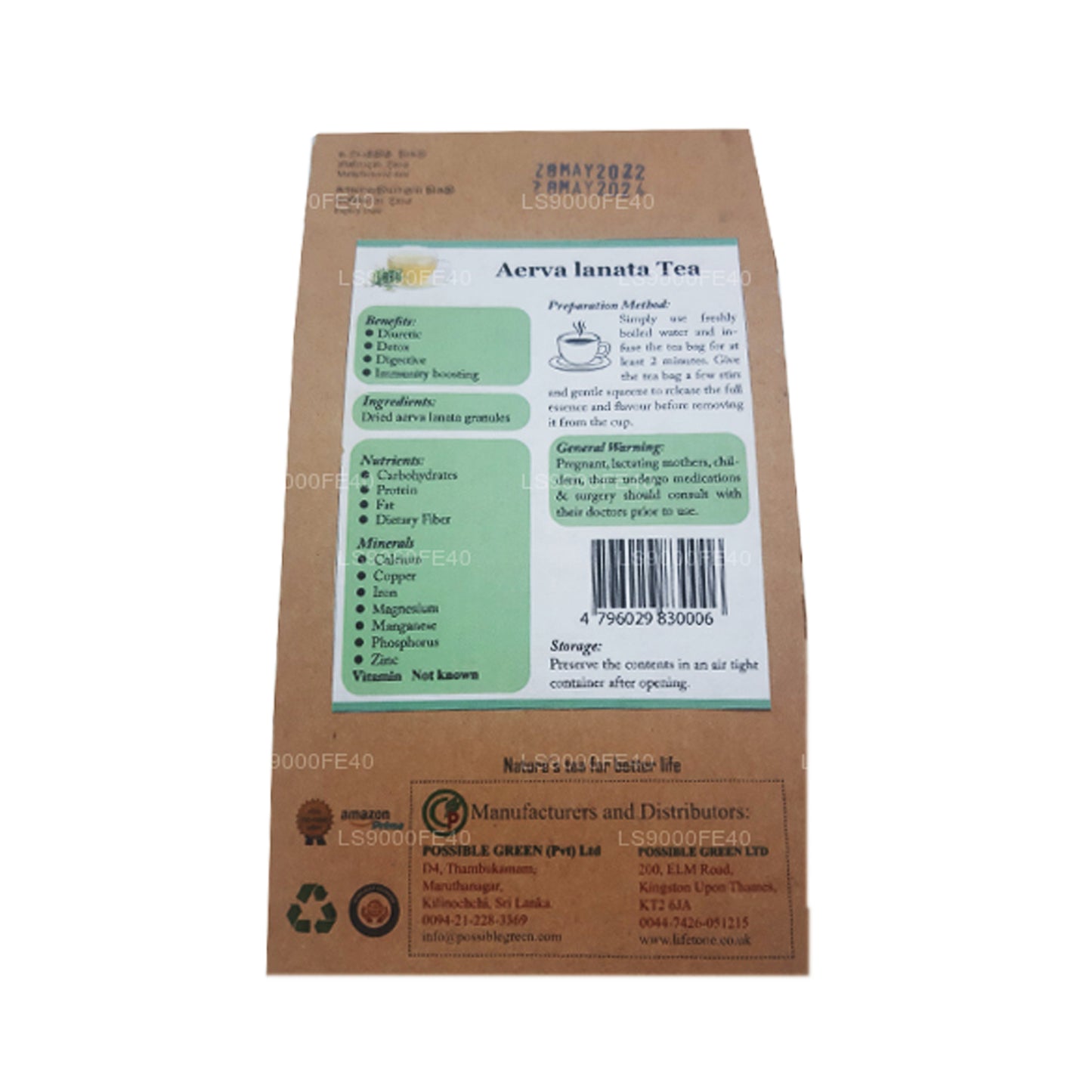 Lifetone (Polpala, Mountain Knotgrass) Aerva Lanata (30 g) 20 sachets de thé