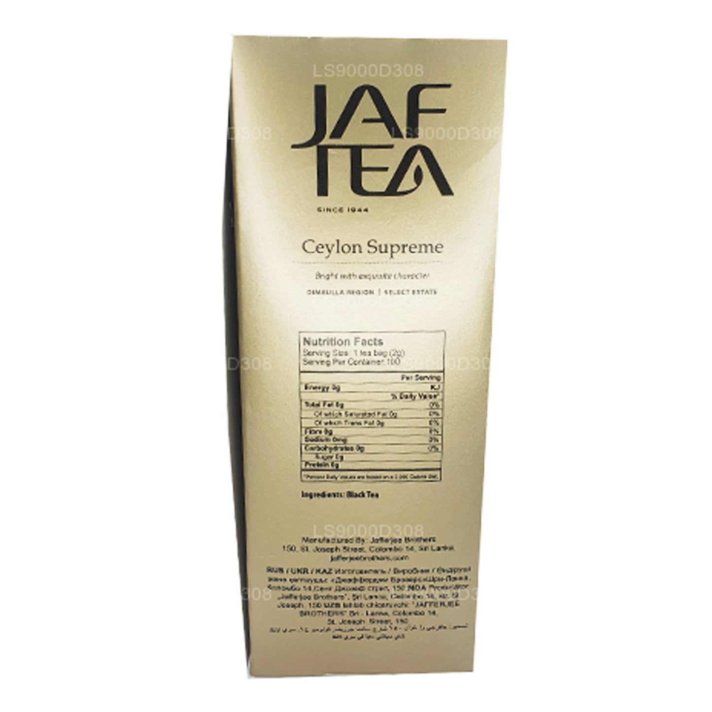 Lot de 100 sachets de thé Jaf Tea Classic Gold Collection Ceylon Supreme avec chaîne et étiquette (200 g)