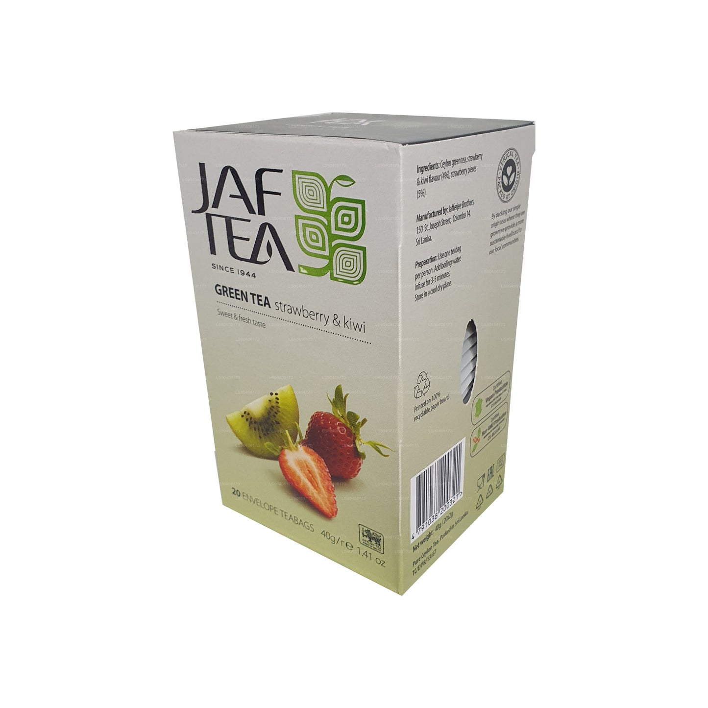 Jaf Tea Pure Green Collection Thé vert à la fraise et au kiwi (40g) 20 sachets de thé