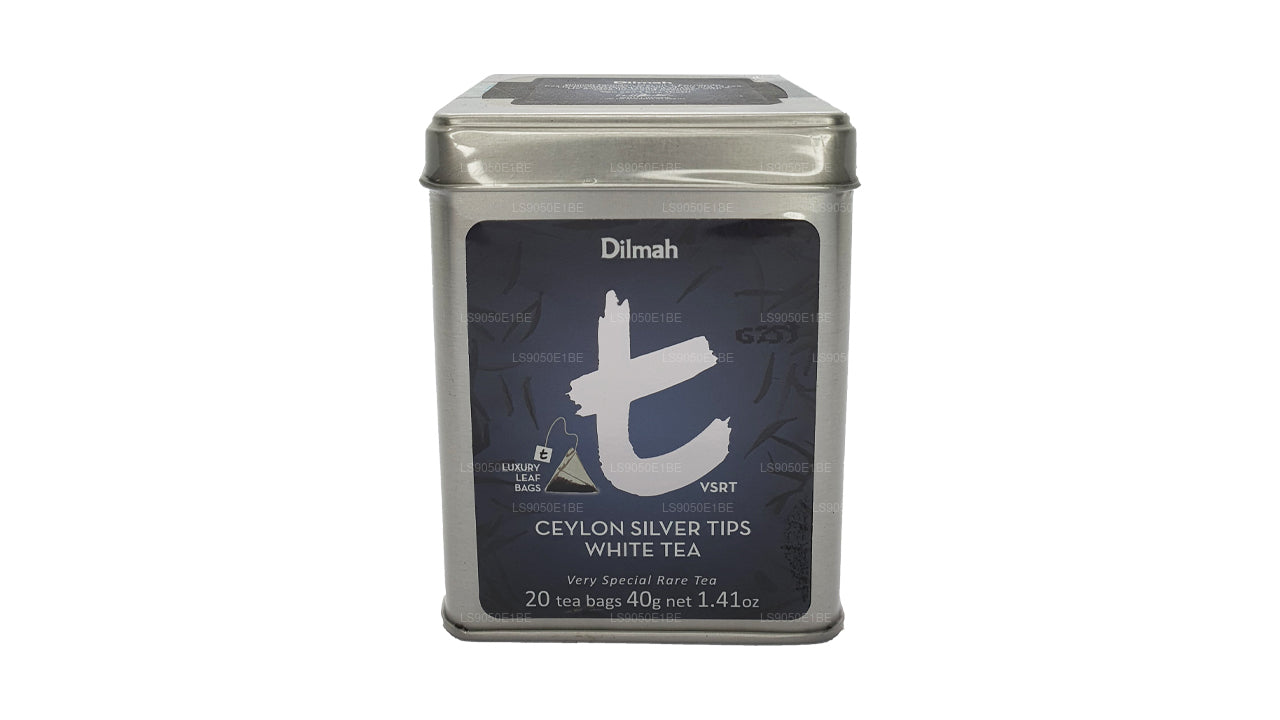 Boîte à thé blanche Dilmah série T VSRT Ceylon Silver Tips (40 g), feuille en vrac