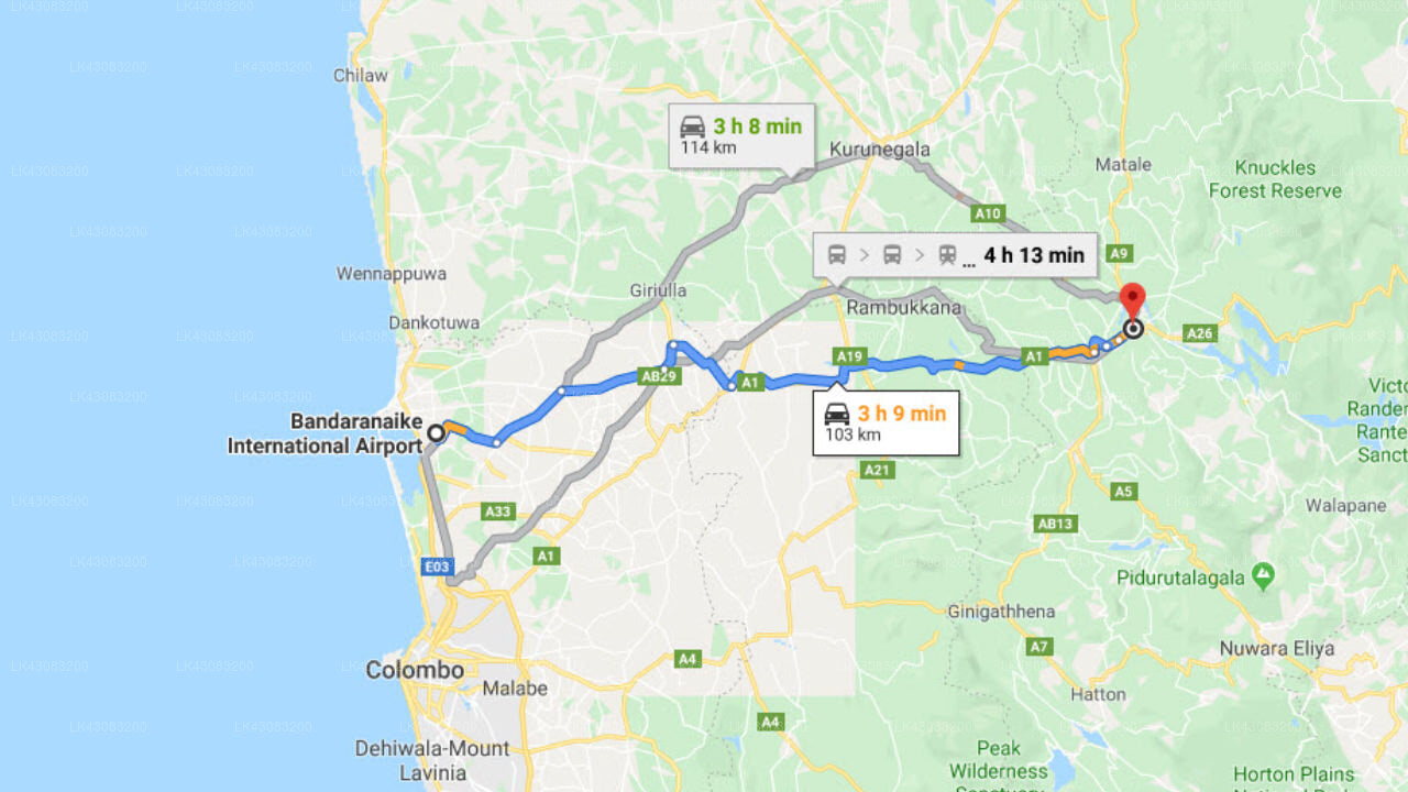 Transfer between Colombo Airport (CMB) and Hillway Tour Inn Guesthouse, Kandy