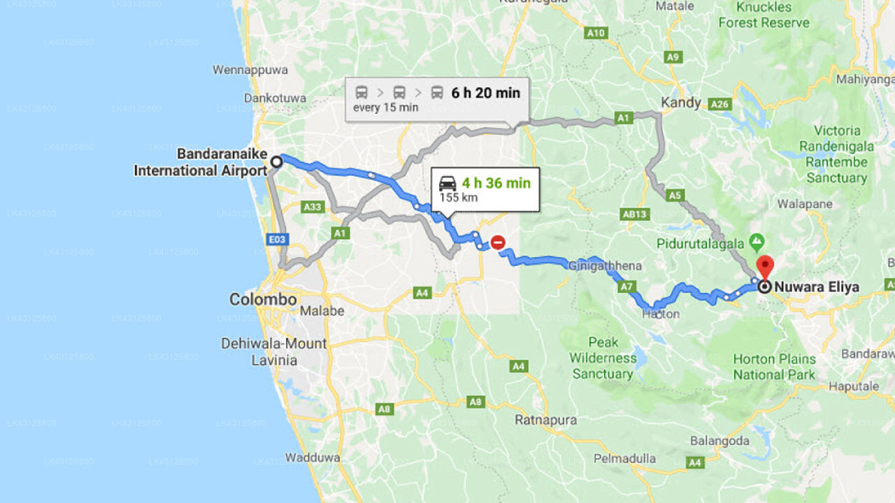 Transfer between Colombo Airport (CMB) and Maples Luxury Holiday Resort, Nuwara Eliya