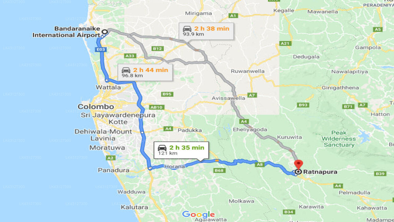 Transfer between Colombo Airport (CMB) and Minara Bopath Ella, Ratnapura