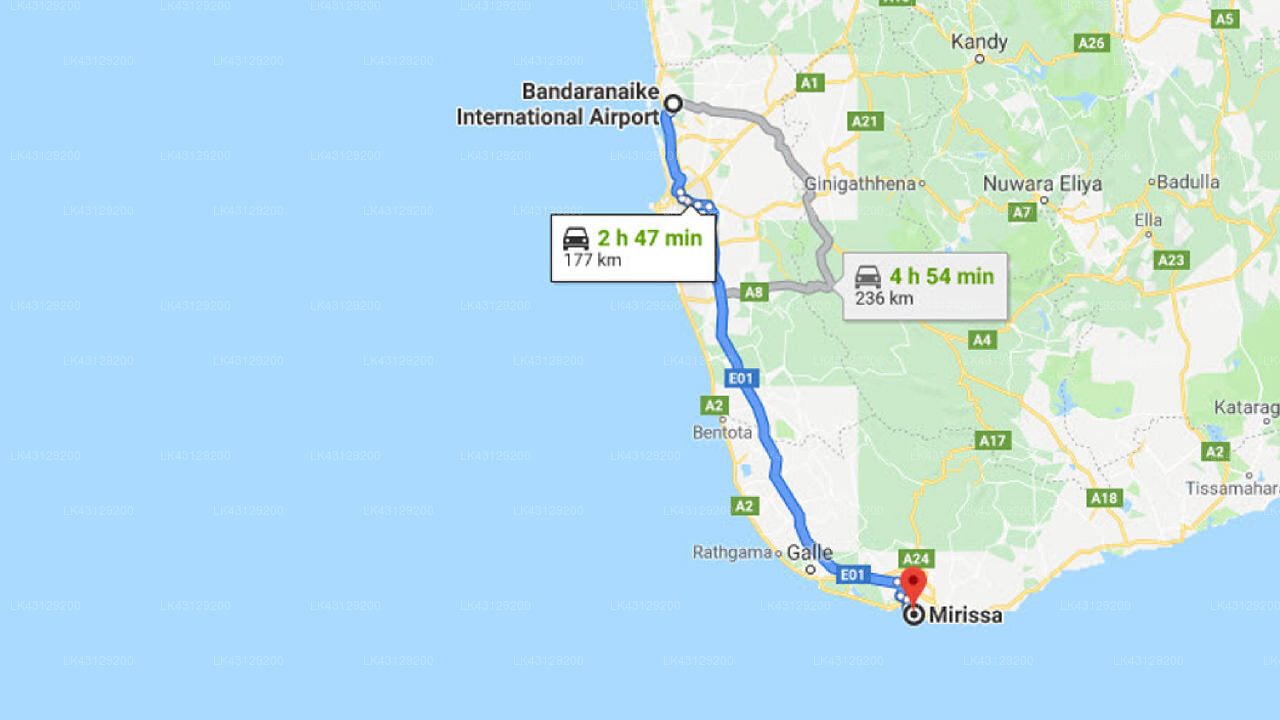 Transfer between Colombo Airport (CMB) and The Secret Guest House, Mirissa