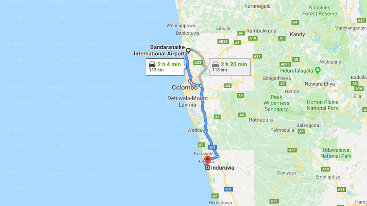 Transfer between Colombo (CMB) Airport and Cocoon Resort and Villas, Induruwa